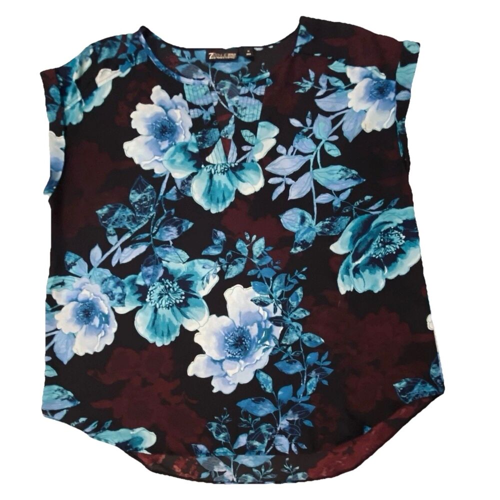7th Avenue New York & Co XL Sleeveless Blouse Floral Keyhole Blue Burgundy